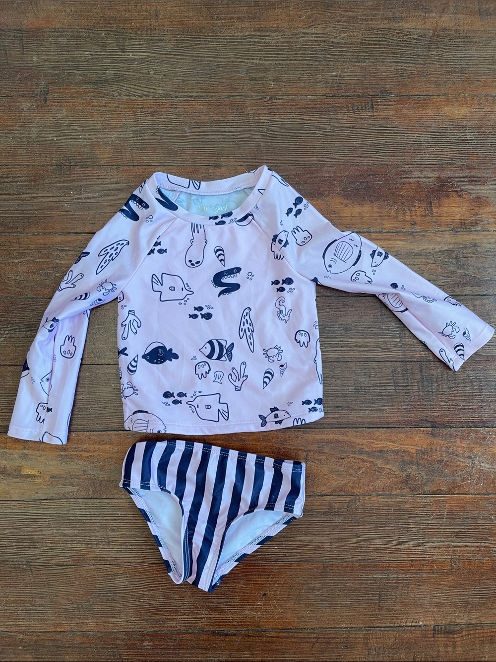 Cat & Jack Pink Long-Sleeve Rash Guard Set with Navy Stripe Bottoms